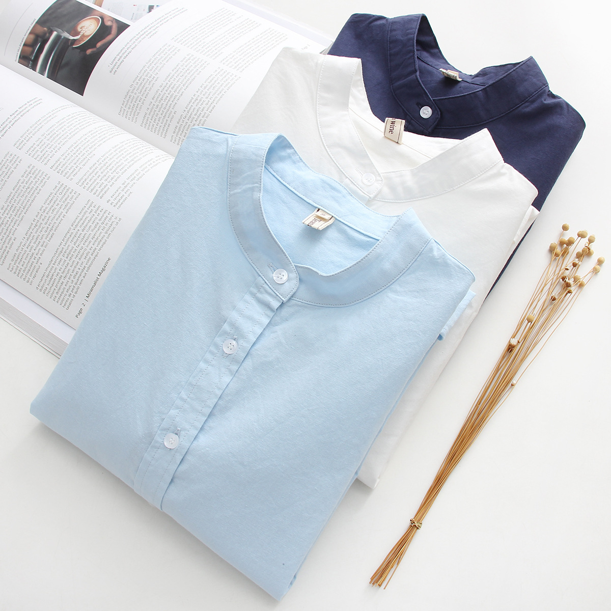 Factory Direct Sale Commuter Artistic Pure Cotton Stand Collar Women's Long Sleeve Shirt Simple Loose Solid Color Base Shirt for Women