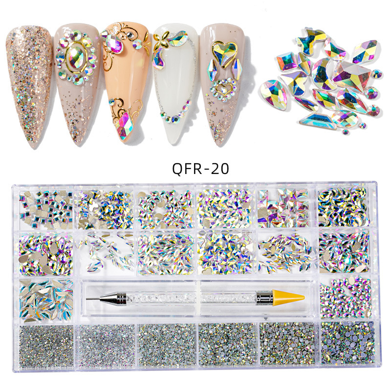 Transfronterizos 21 caja de diamante de agua de forma especial de fondo plano conjunto de joyería de uñas conjunto de pluma de puntuación de doble cabeza