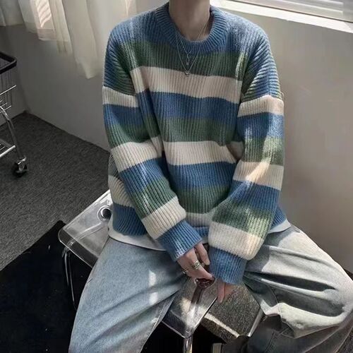 Japanese retro striped loose casual men's winter 2024 Hong Kong-style versatile minimalist round neck knit sweater