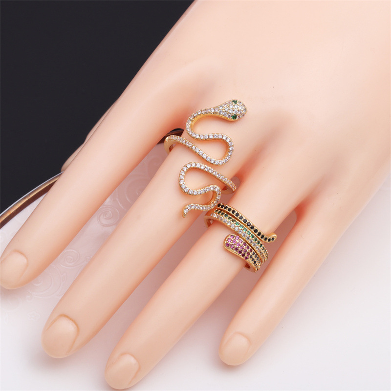 Fashion Colorful Oil Snake-shaped Open Green Zircon Copper Ring display picture 8