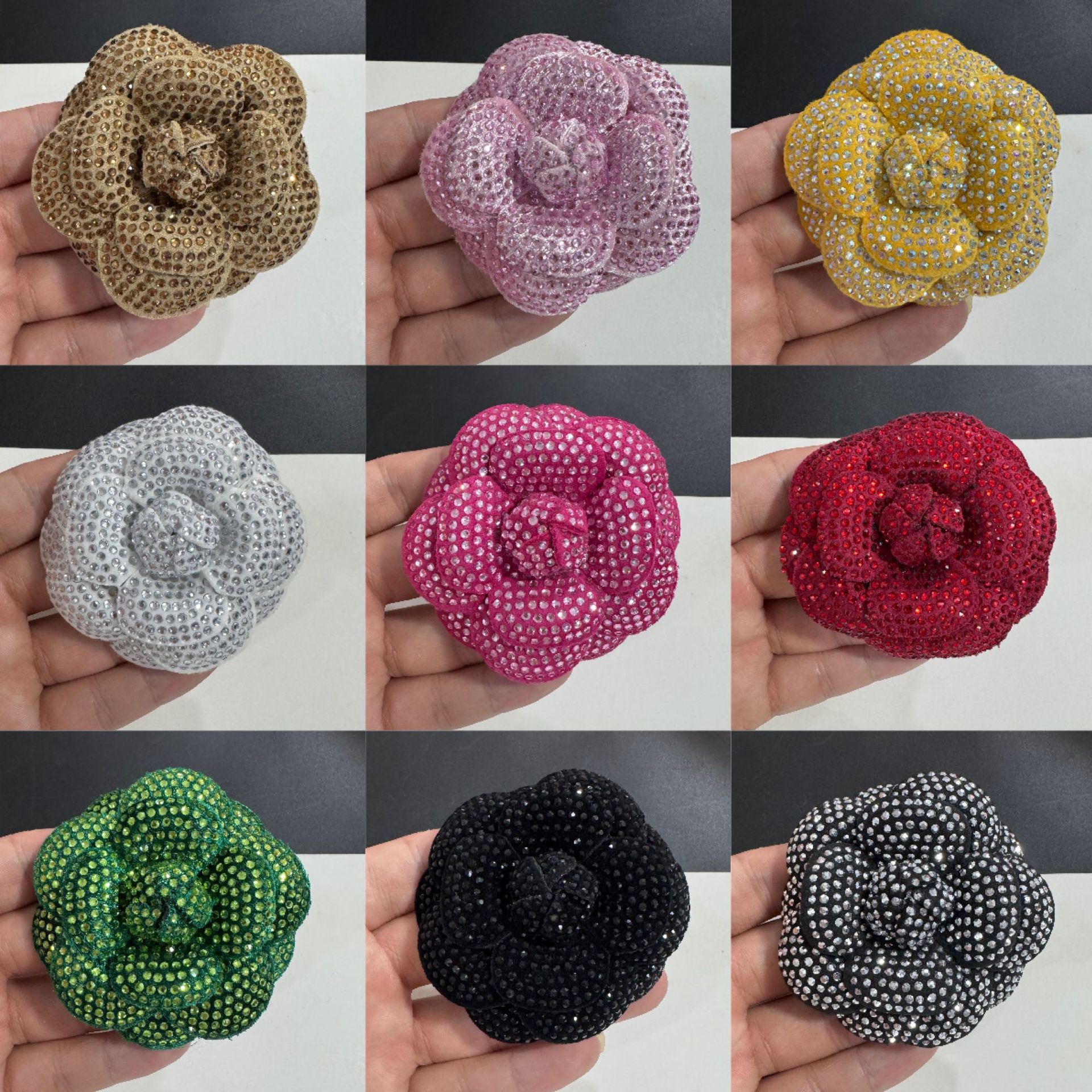 6.6cm long high-end hot-fix rhinestone camellia flower brooch with suede leather base and high-grade brooch.