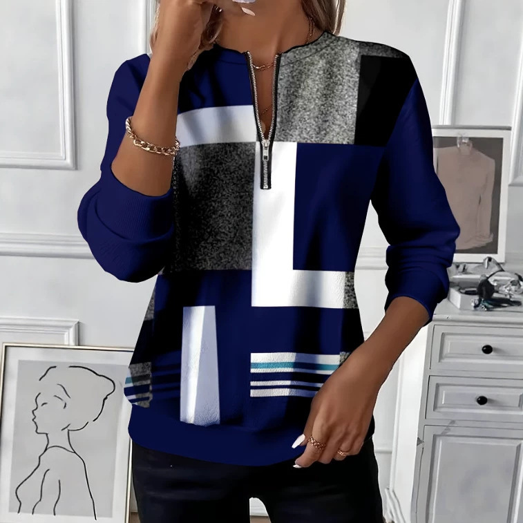 Spring and autumn cross-border European and American new style long-sleeve women's T-shirt, round neck, zipper, 3D printed sweatshirt, casual loose top Spring and autumn cross-border European and American new style long-sleeve women's T-shirt, round neck, zipper, 3D printed sweatshirt, casual loose top