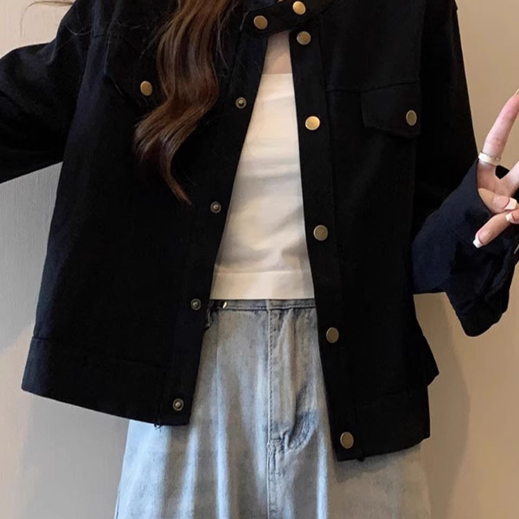 Plus Size American Style Stand Collar Jacket for Women, Spring and Autumn 2025 New Workwear Style, Regular Shoulder Short Top Versatile