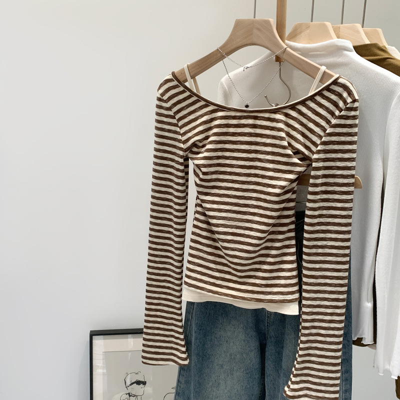 Designed Stripesd Lace Collar Long-Sleeved T-Shirt for Women in Autumn and Winter New Style Elastic Waist Slimming Look Inner Layering Shirt Top