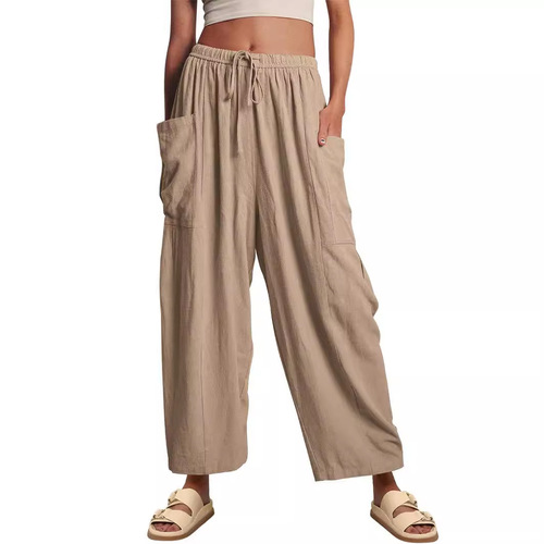 2025 Amazon TEMU Women's Fashion Elastic Waist Pleated High-Waisted Wide Leg Pants Loose Casual Cotton Linen Long Pants