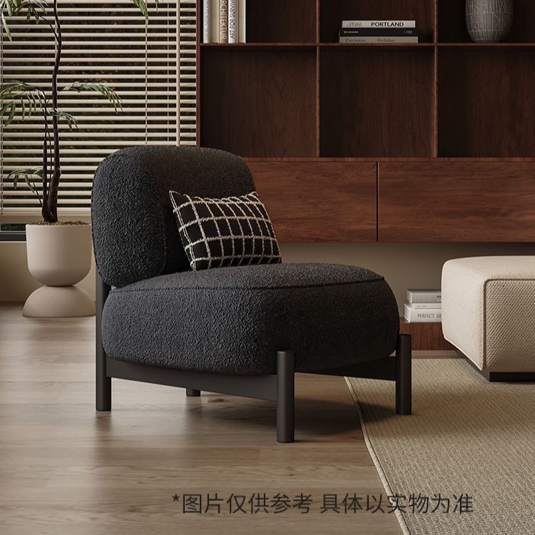 奶油中古风客厅单人沙发设计师款客厅美容院接待布艺羊羔绒休闲椅|undefined