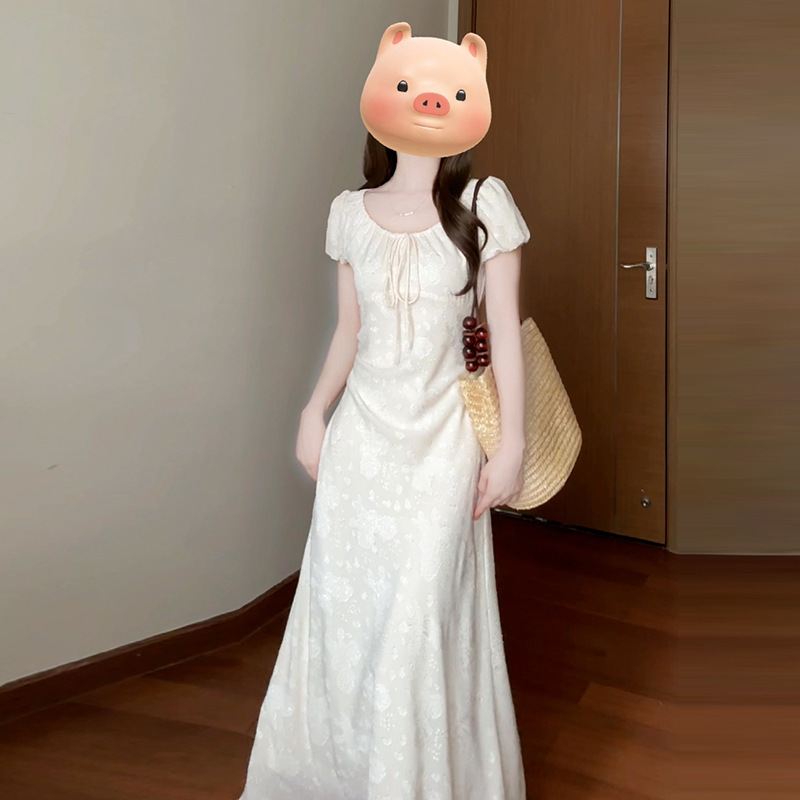 フレンチホワイト花柄ドレスレディース2025年夏新作小柄で美しい気質のロングドレス|undefined