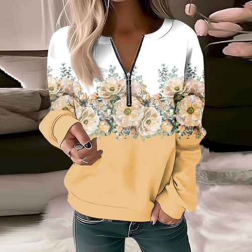 Wholesale European and American Women's Printed V-Neck Long-Sleeve Loose-Fit Zip-Up Sweater