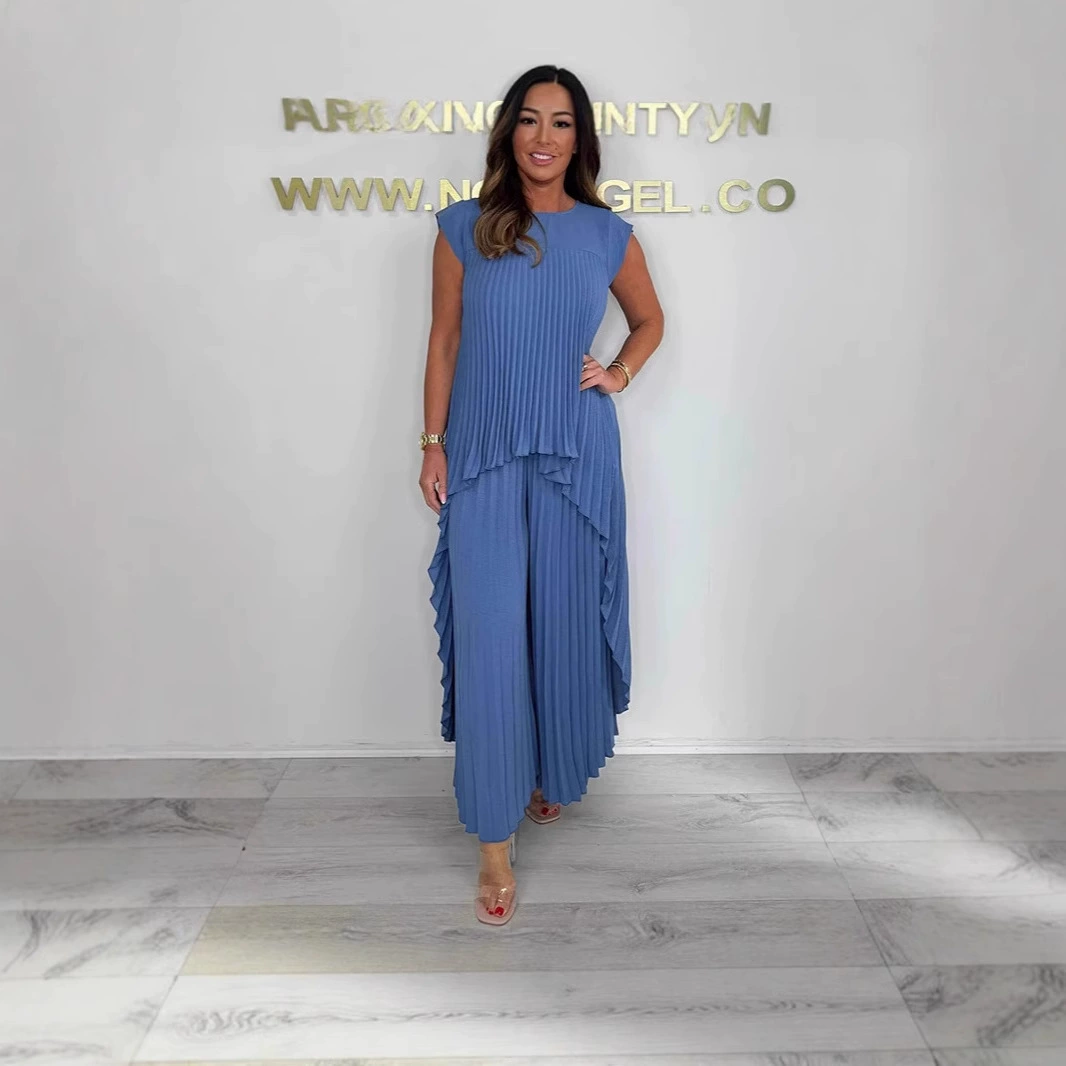 Европейская и американская женская одежда 2025 Amazon: плиссированный костюм с короткими рукавами, асимметричный длинный топ и широкие брюки, комплект из двух предметов