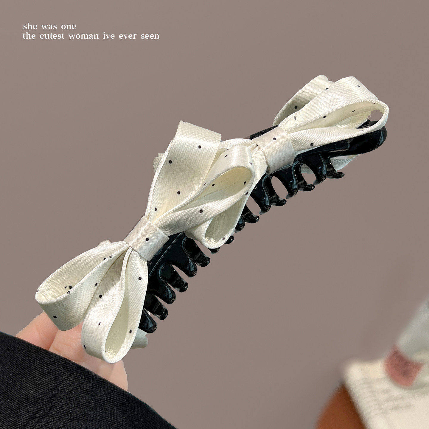 2# off-white polka dot bow banana clip - approx. 13cm