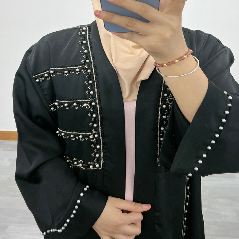 F332 Cross-Border Foreign Trade Women's Long Dress Middle East Dubai Embroidered Lace Pearl Beaded Cardigan Robe In_ecoleips.com