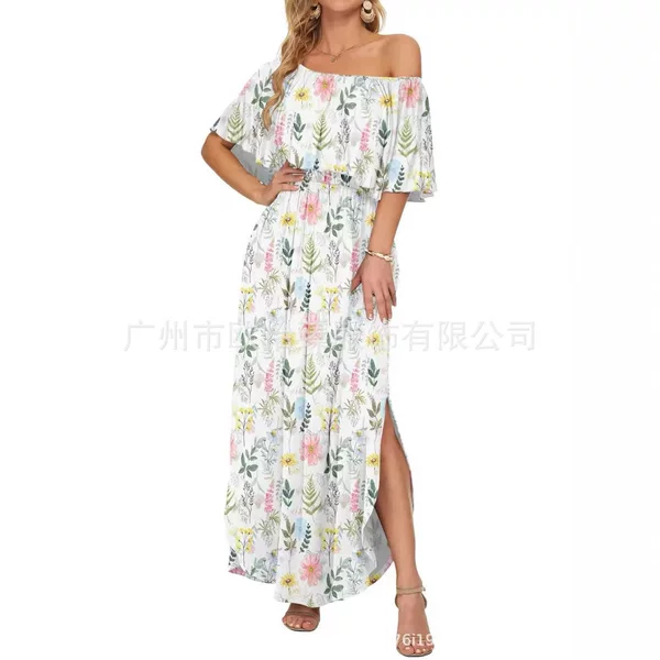 European and American Independent Websites Amazon Aliexpress 2026 Summer New Printed One-Shoulder Short-Sleeved Long Dress