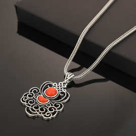 蒙古元素锌合金镀银珊瑚复古个性绿松石吊坠优雅古典风民族风项链