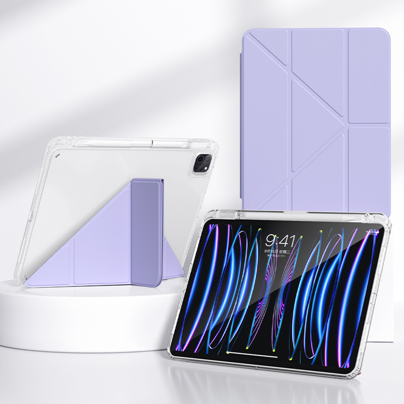 Applicable to iPadPro11-inch protective case deformation Y folding air5 pen slot 12.9 leather case 10 generation transparent hard bottom soft edge