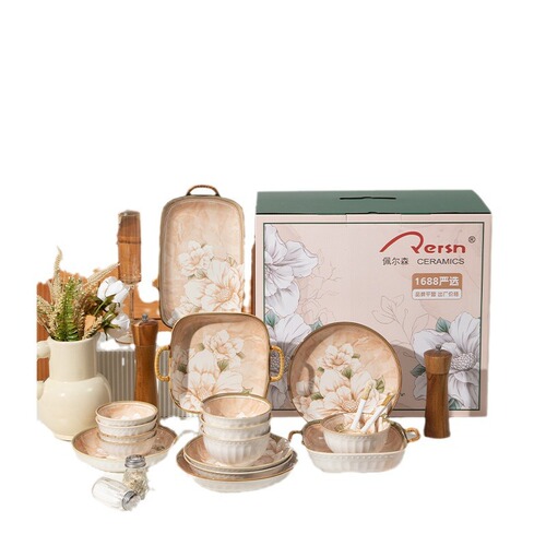Japanese camellia bowl and dish set high-value underglaze color ceramic tableware wholesale bowl and chopsticks set gift tableware