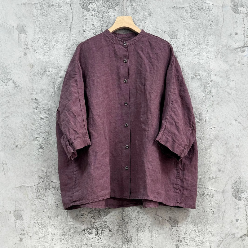 Designer-Inspired Loose and Slimming 100% Hemp Comfortable Soft Stand Collar Pleated Age-Reducing Shirt Top 23235