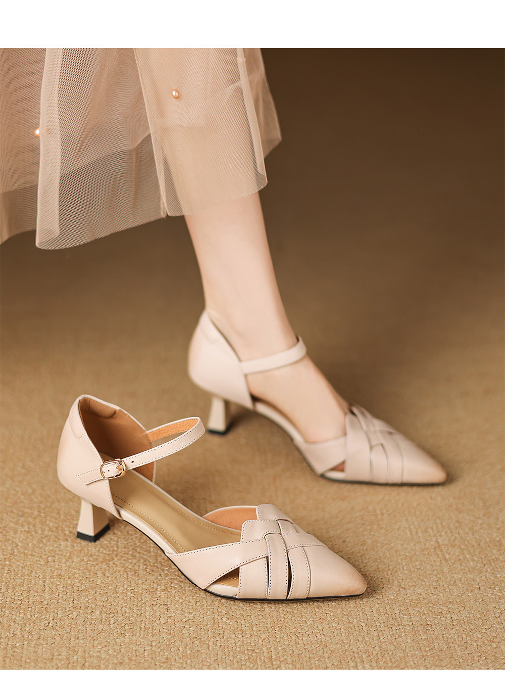 Giày sandal cao gót nữ quai ngang mũi nhọn da cừu gót 5,5 cm — đen chi tiết 7