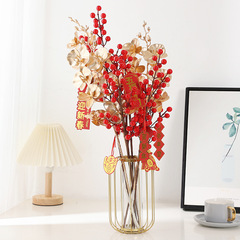 仿真金色尤加利婚慶路引裝飾插花塑料噴色金錢葉金色塑料花孔雀翎