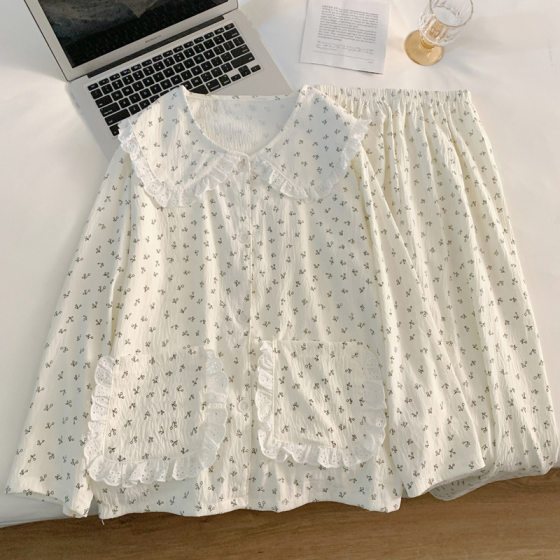 French sweet doll collar cloud cotton long sleeve pajamas women's spring and autumn simple small cherry home clothes real shot wholesale