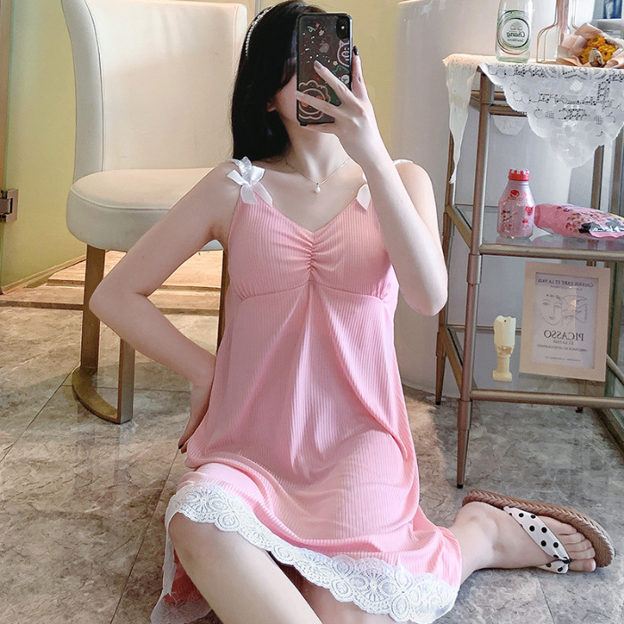 2023 pijamas de verano encaje hilo Honda pecho pad camisón de las mujeres de longitud media color sólido cuello en V dulce hogar comercio exterior