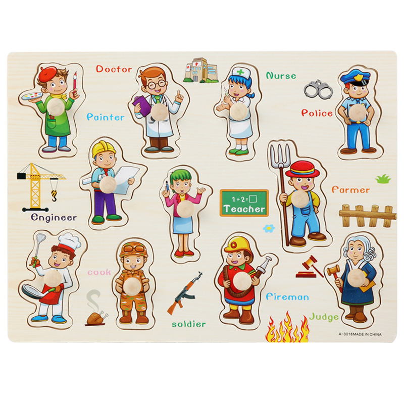 Educación temprana de los niños de dibujos animados animal cognitiva mano agarre tablero de madera forma Juego rompecabezas agarre formación iluminación juguete