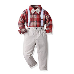 Cross-border Autumn Two-Piece Set: Long-Sleeve Plaid Shirt with Suspender Pants – Gentleman's Formal Outfit for Baby's Birthday Party