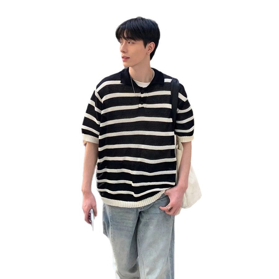 Verano nuevo estilo suéter de manga corta hombres rayas hueco transpirable camisa POLO negocio marea coreano comercio exterior transfronterizo al por mayor