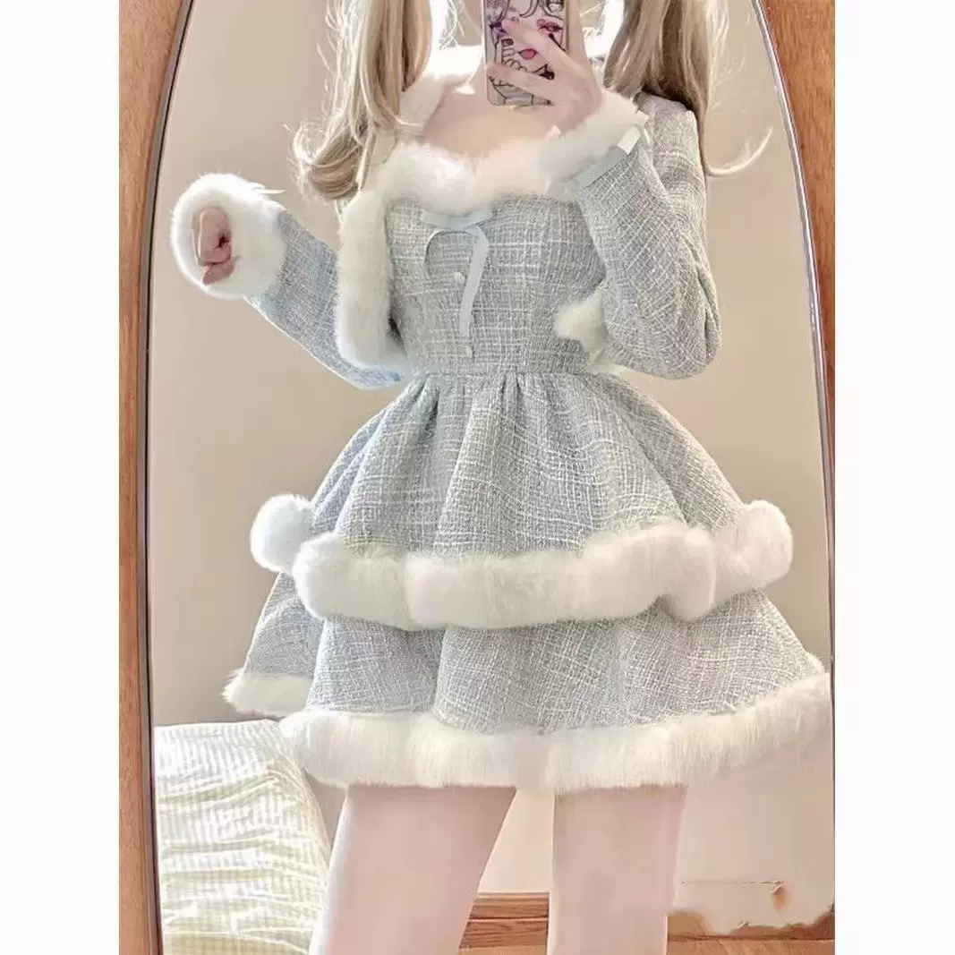 秋冬新款毛毛拼接蓬蓬裙吊带裙+短款蓝色外套小个子绝美时尚套装