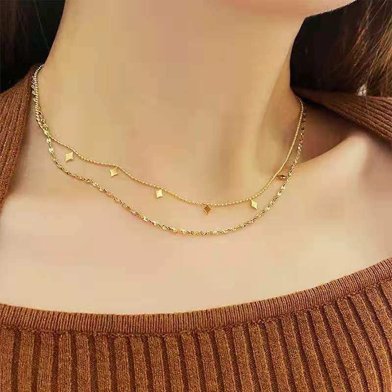PVD Coated Gold Plating Process Real Gold Plated Plating Material PVD Coated Real Gold Plated Rhombus Titanium Steel Fashion Waterproof Non Tarnish Layered Necklaces