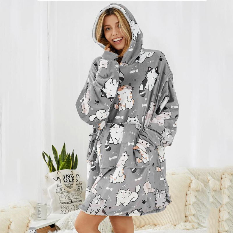 Flannel Cartoon Animal and Plant Print Hooded Pullover Sweet and Cute Large Pocket Home Wearable Pajamas Flannel Cartoon Animal and Plant Print Hooded Pullover Sweet and Cute Large Pocket Home Wearable Pajamas