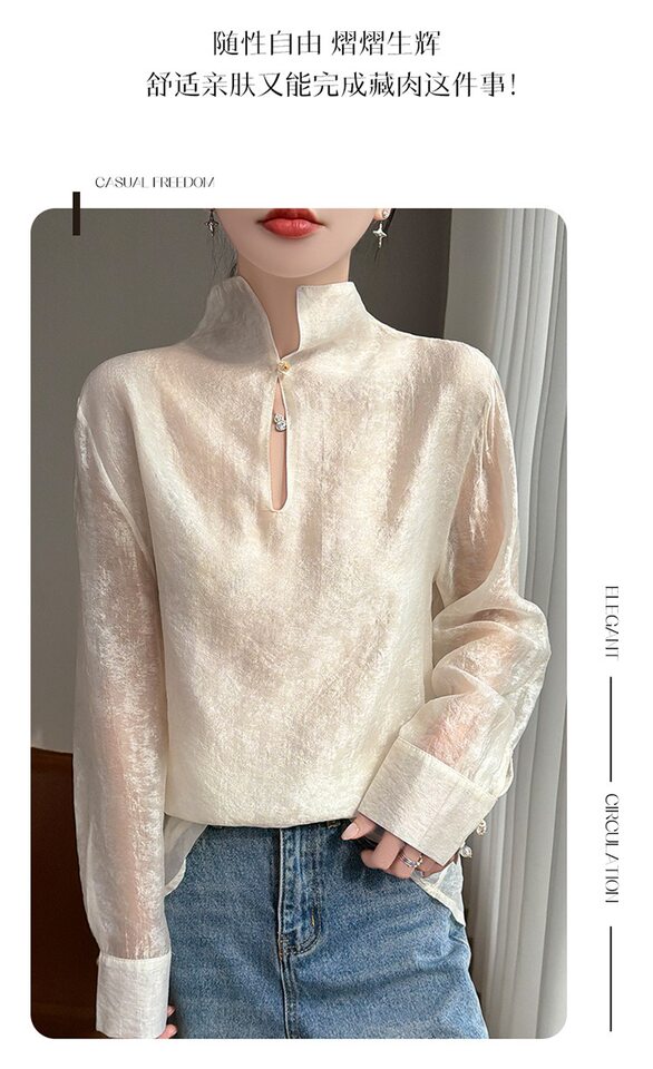 Áo sơ mi nữ cổ đứng tay dài vải Tencel mỏng nhẹ kiểu chui đầu — Màu hồng, Màu trắng, màu đen chi tiết 10