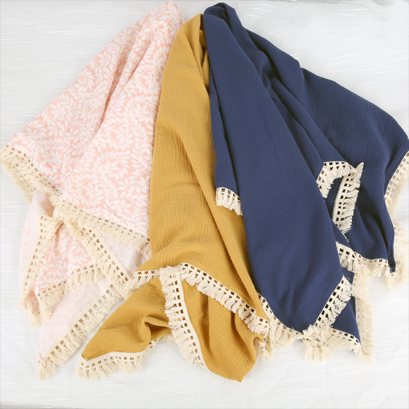 Cross-border Hot Sale Solid Color Gauze Wrapping Towel All Cotton Tassel Blanket Baby Blanket INS Lace Baby Bath Towel Swaddling