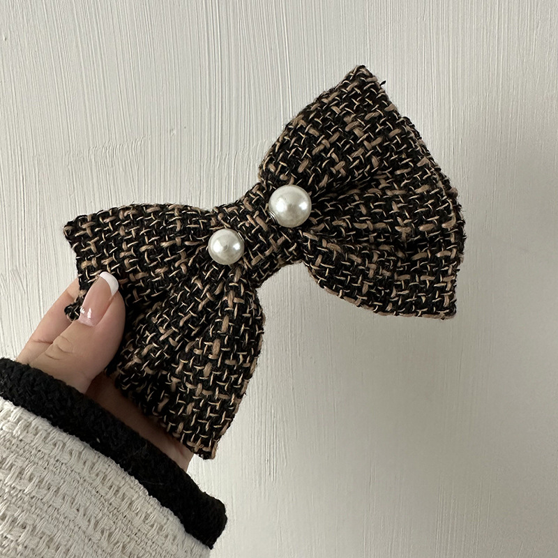 Französisches Karomuster, große Perle, Schleife, schwarz-weiß, Kopfbedeckung, Haarnadel, elegantes Hinterkopf-Frühlingsoberteil, kariertes Herbst- und Winterhaar_voghion.com