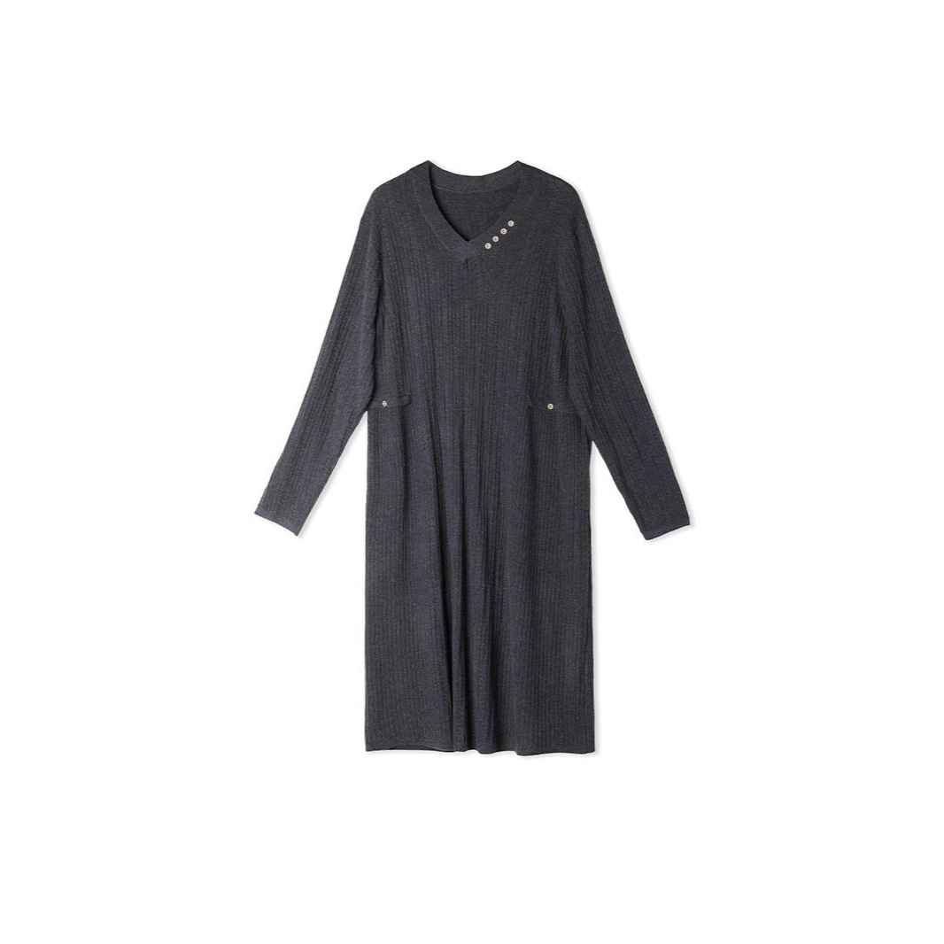 GraceChic 2025 Autunno Nuovo Scollo a V Lavorato a Maglia Taglie Forti Moda Donna Snellente Casuale Tinta Unita Abito Lungo_voghion.com