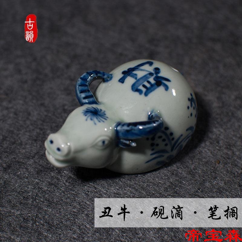 originality Year of the Ox Mascot ceramics Hand drawn Yan drops Drop Chinese painting Jingdezhen Blue and white Pen resting Brush holder