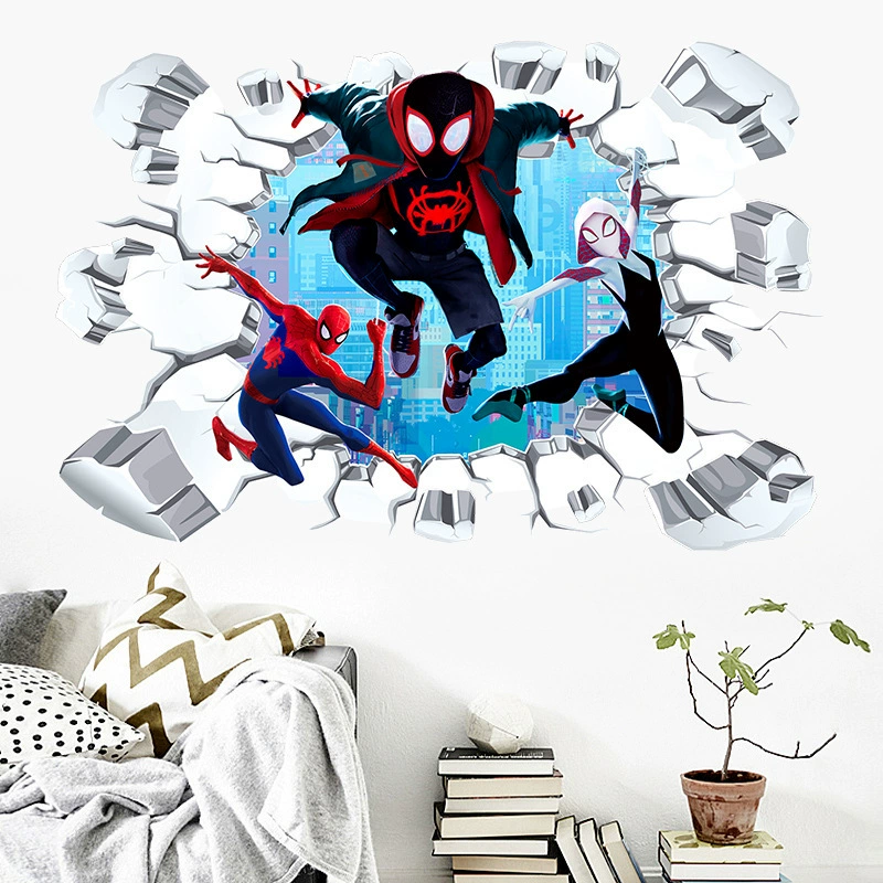 Внешняя торговля новый 3D человек-паук через стену детская комната спальня фон стены стикер съемный мультфильм аниме наклейка