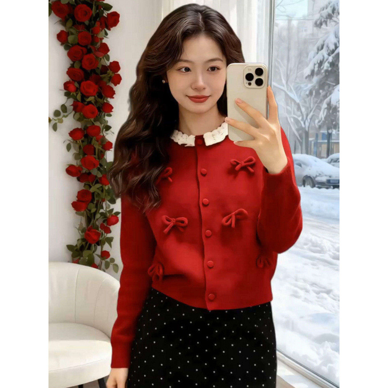 Kaning New Year Red Bow Knitted Cardigan 2026 Spring New Lace Round Neck Long-Sleeved Sweater