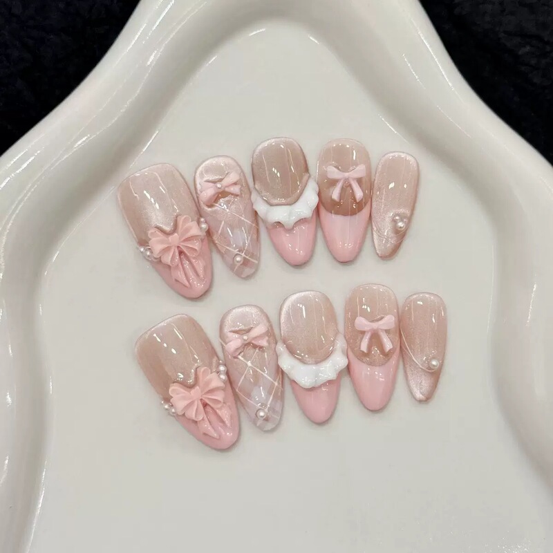 【Skirt Ballet】French-Style Cat-Eye Pink Bow Ice-Transparent White-Enhancing High-End Handmade Wearable Nail Art Stickers 【Skirt Ballet】French-Style Cat-Eye Pink Bow Ice-Transparent White-Enhancing High-End Handmade Wearable Nail Art Stickers