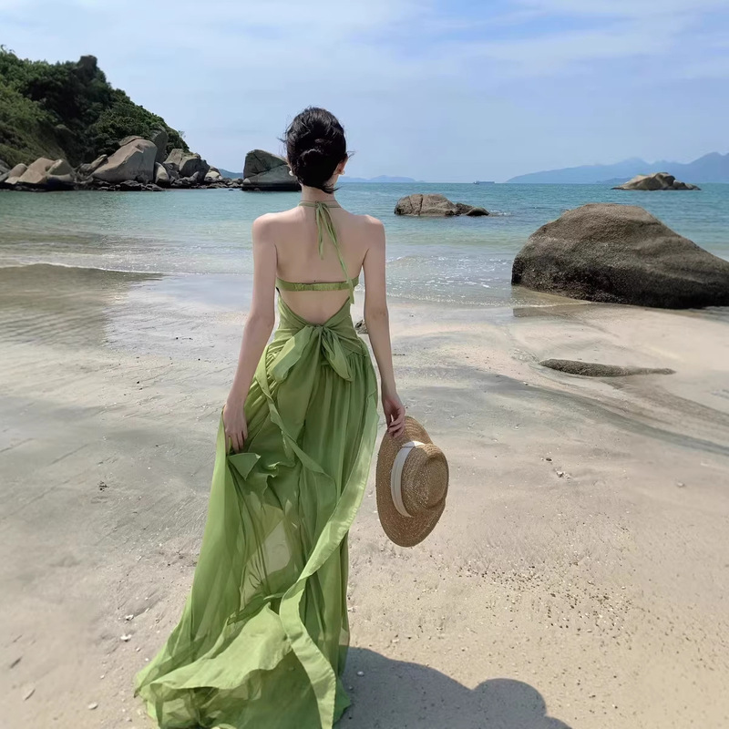 2026 Source Factory Green Chiffon Halter Dress for Summer Beach Vacation, Stunning and Elegant