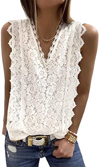 V-neck sleeveless stitching slim solid color lace vest NSAXR119943