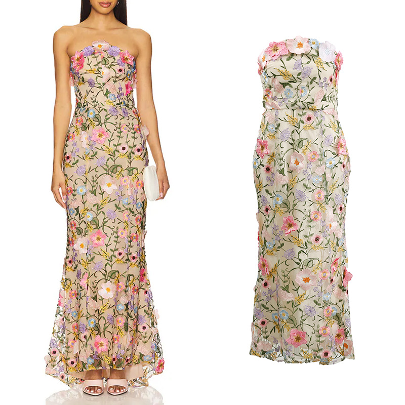 Paris Floral Secret Realm High-End Embroidered Floral Strapless Mermaid Dress 2026 Spring New Long Dress