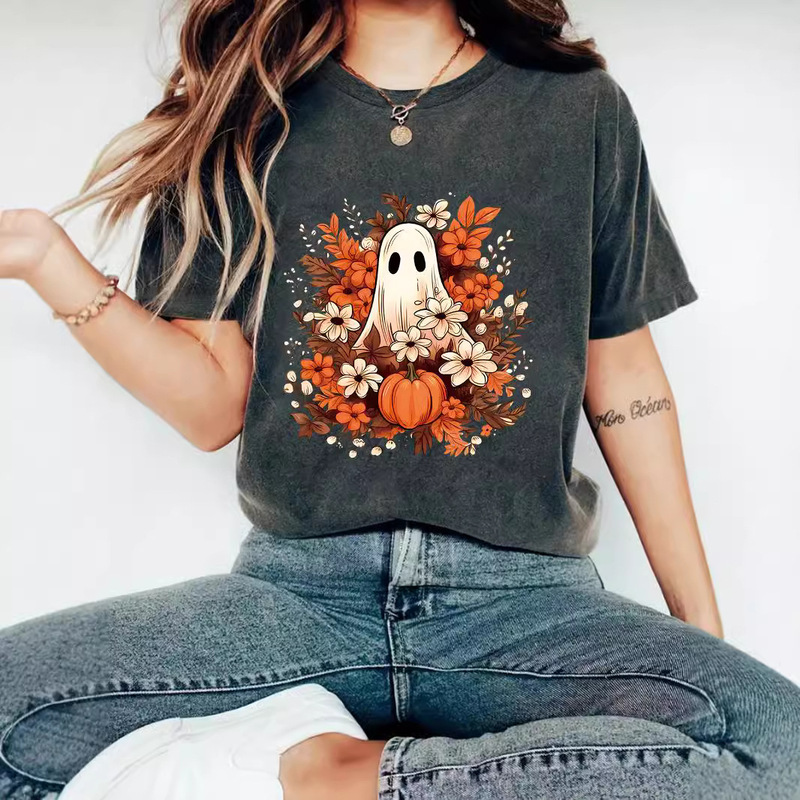 Amazon Europe and the United States summer female ghost flower pattern crew neck short sleeve casual fashion foreign trade explosions Halloween T-shirt Amazon Europe and the United States summer female ghost flower pattern crew neck short sleeve casual fashion foreign trade explosions Halloween T-shirt
