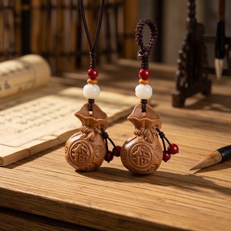 New Style Peach Wood Carved Lucky Bag Car Keychain Pendant Wooden Carving Ornament Backpack Hanger Wholesale from Manufacturer
