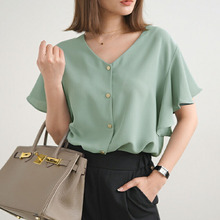 日韩女装2023夏季新款温柔风减龄纯色单排扣短袖衬衫衬衣百搭上衣