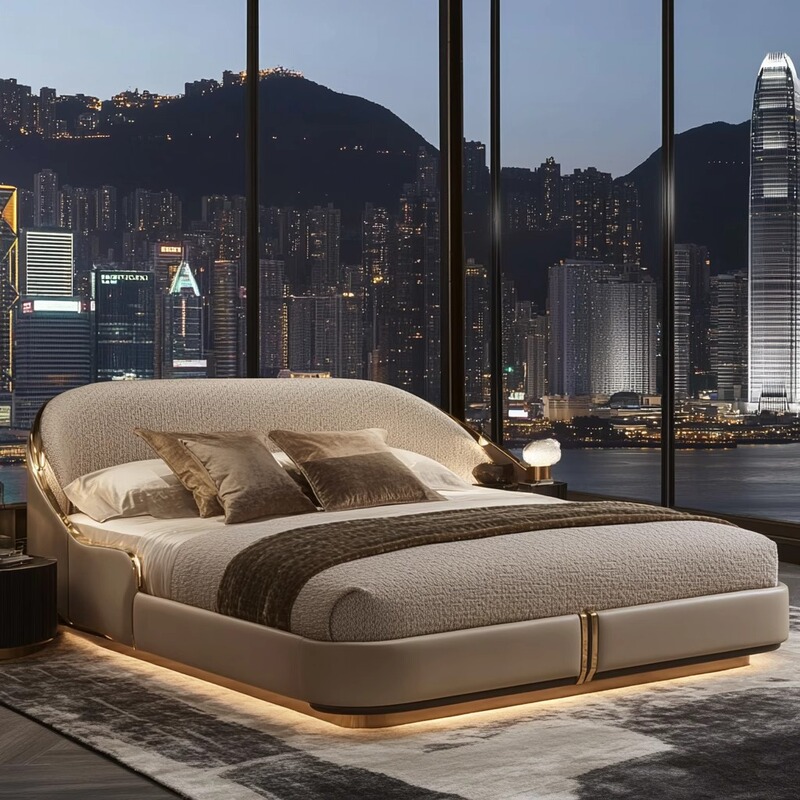 Italian-Style Minimalist Fabric Double Bed, Master Bedroom Large Bed, Wedding Bed, Multifunctional Bed, Leather Bed, Light Luxury Double Bed, Blended Fabric