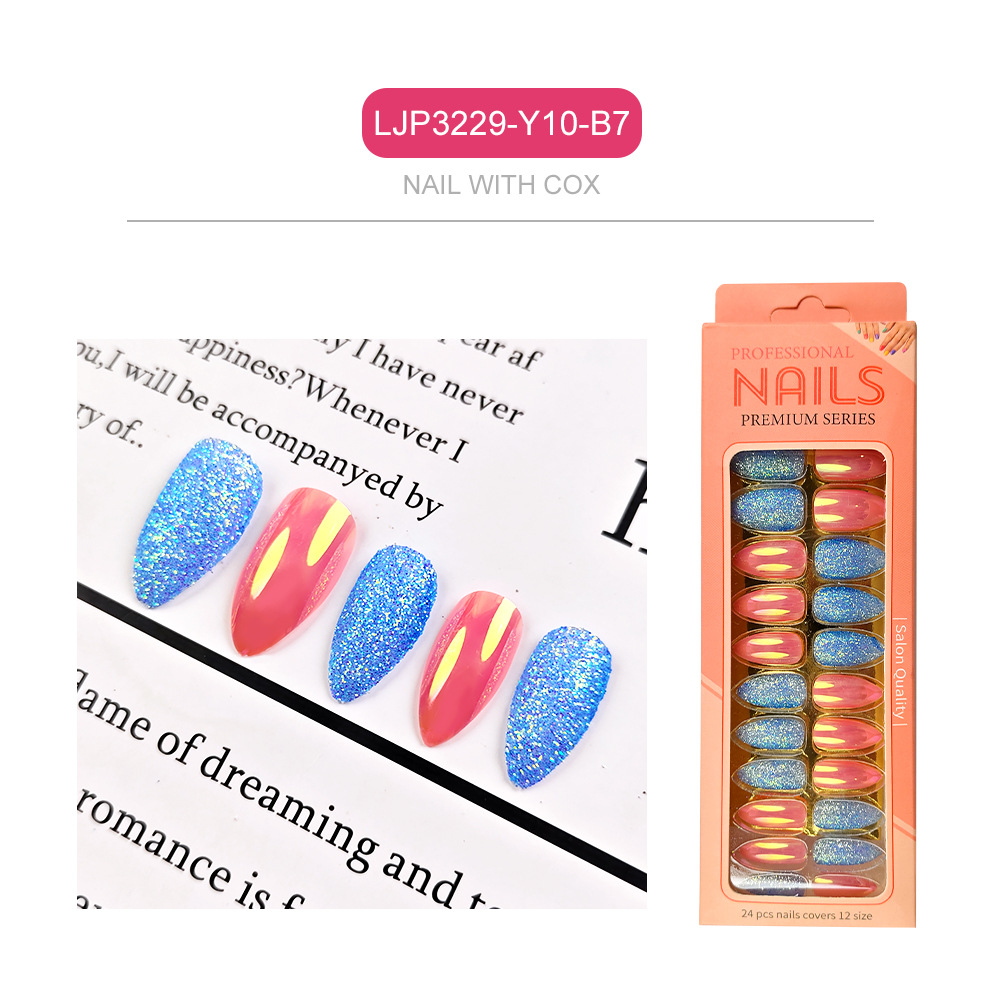 Uñas postizas iridiscentes, puntas de uñas de longitud media, uñas postizas largas en caja, puntas de uñas postizas electrochapadas.