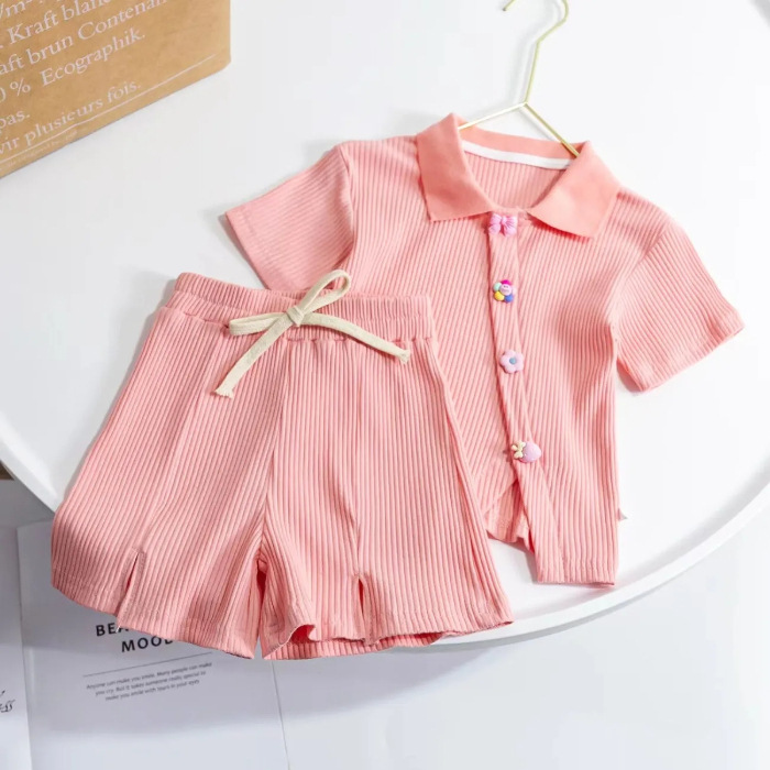 Vestido de verano para niñas 2024 nueva moda de Internet rojo niña bebé hielo seda manga corta rebeca POLO pantalones cortos casuales delgados dos