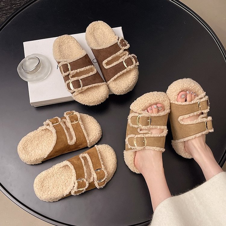 毛绒茸茸凉拖鞋女2025新款秋冬厚底羊羔绒毛毛鞋勃肯鞋外穿棉鞋托|undefined