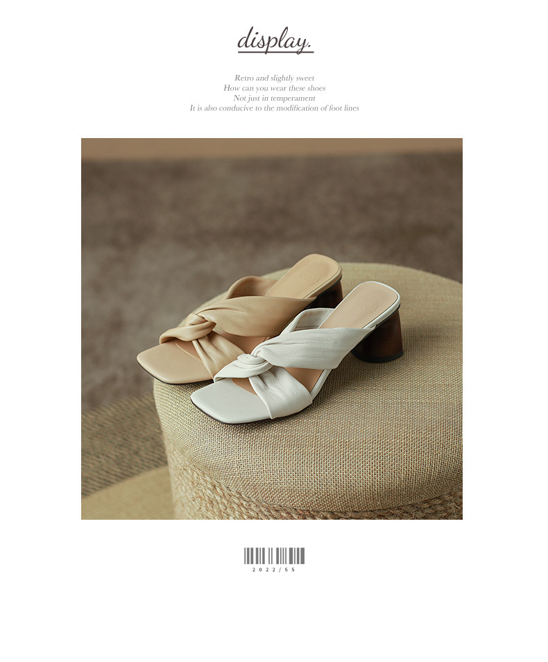 Sandal cao gót nữ hở mũi da cừu đế thô gót 7 cm — Màu đậu chi tiết 8