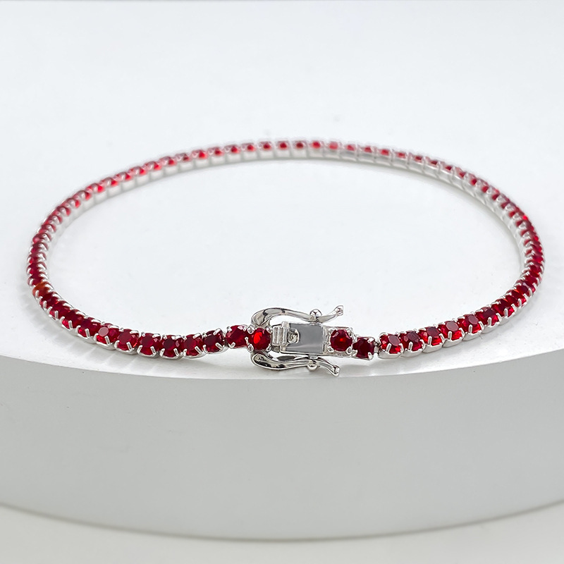 Longlongjin S925 Silver Bracelet Female European and American Explosions Pigeon Red Tennis Chain Single Row Diamond Zircon Full Diamond Bracelet